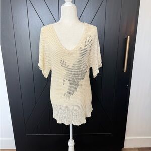 Cream Knit Free People Top with Silver Bird Design